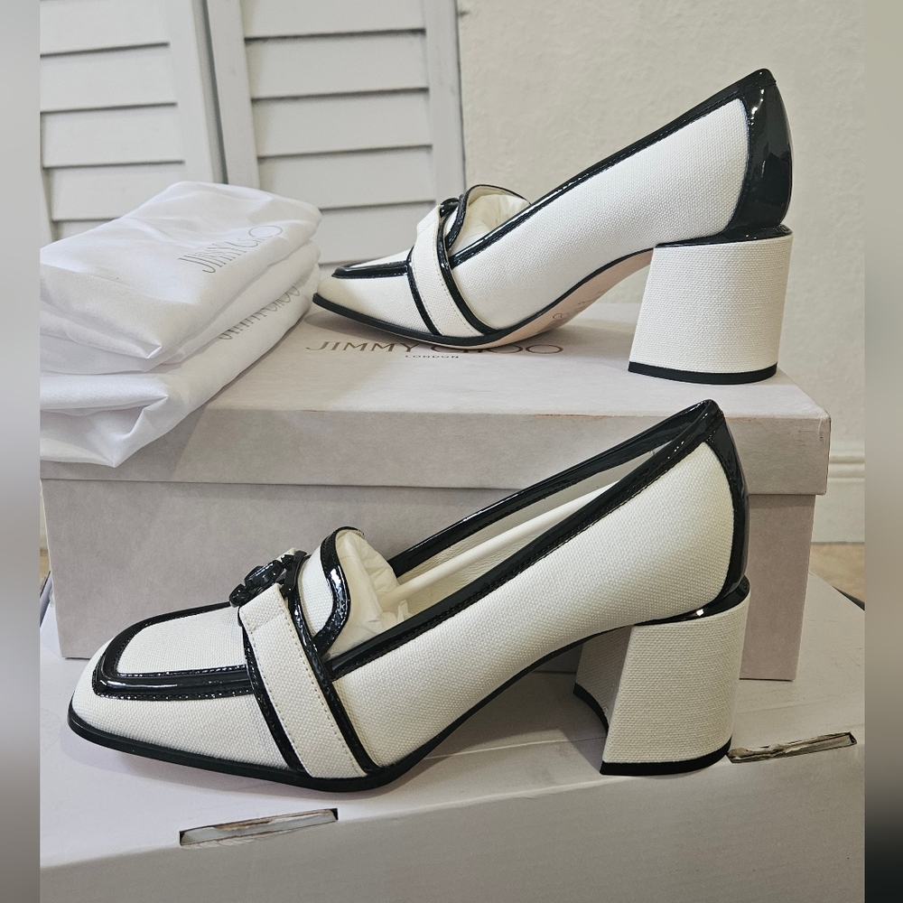 Jimmy Choo Evin 65 Size 36.5 Latte Black Lwj 241 Linen Soft Patent With Hardware